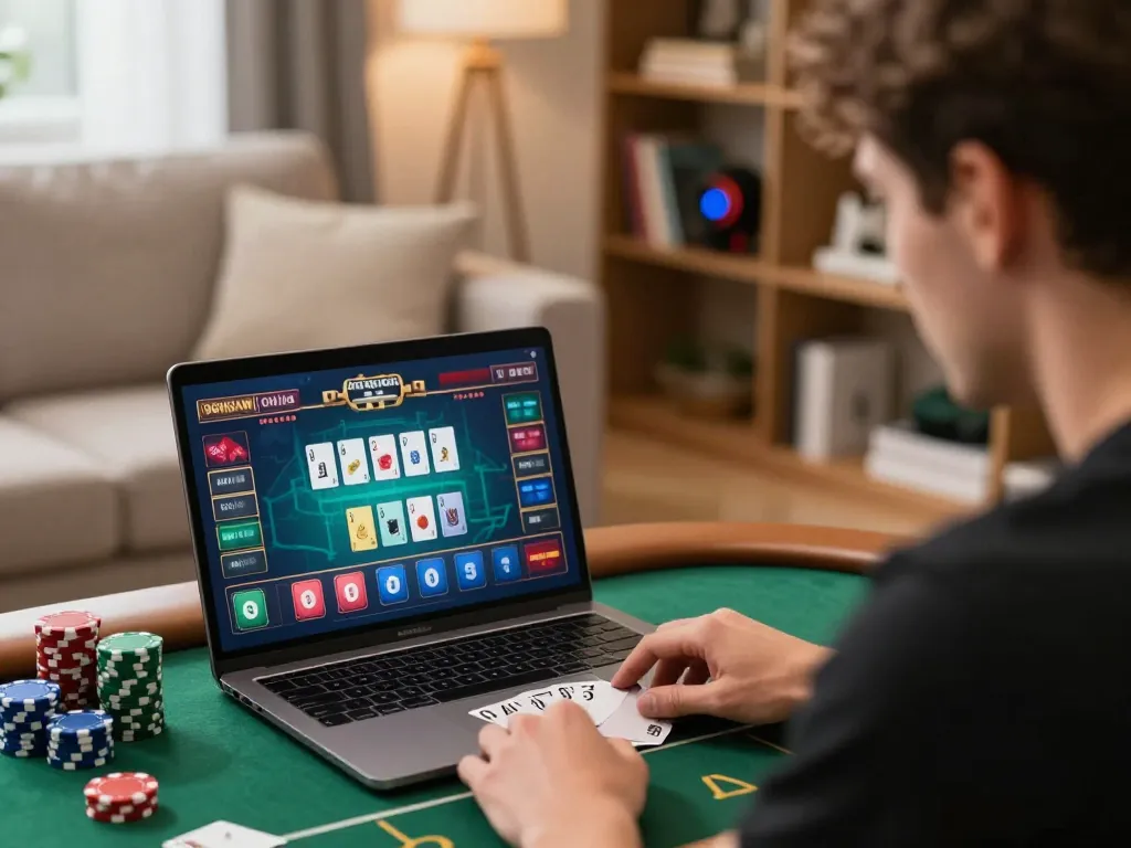 Engaged player at home using F8BET COM for poker, showcasing strategy and online gaming.