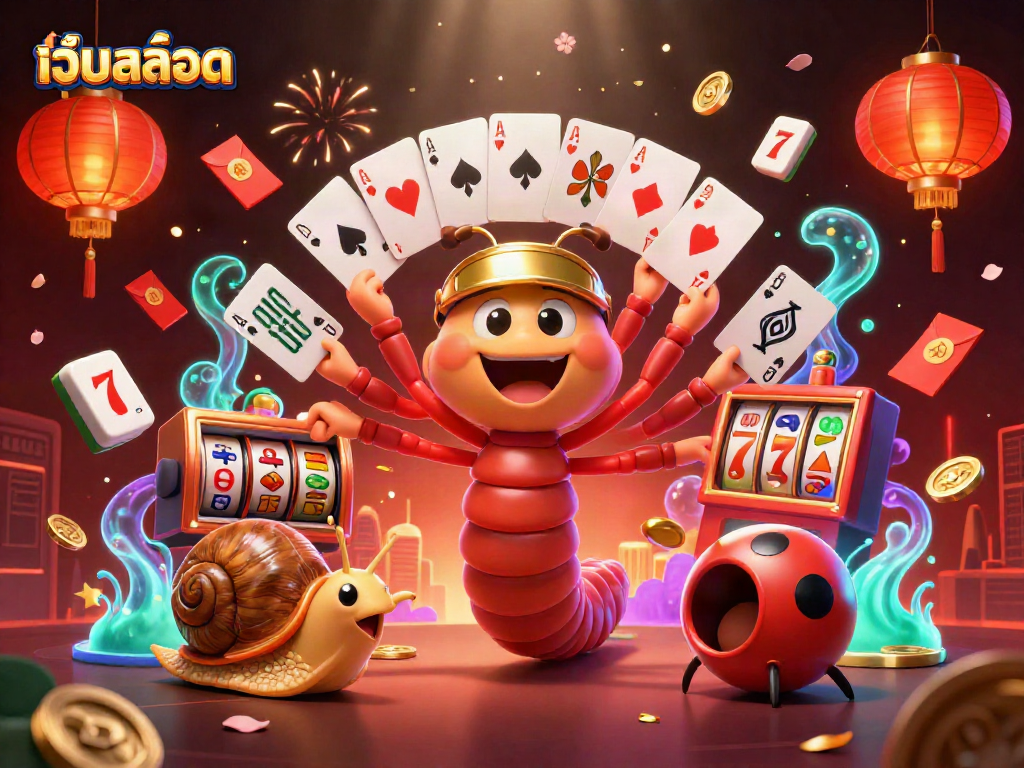 Engaging scene featuring the เว็บสล็อต millipede dealer with cards, a snail pushing slot reels, and a pill bug.