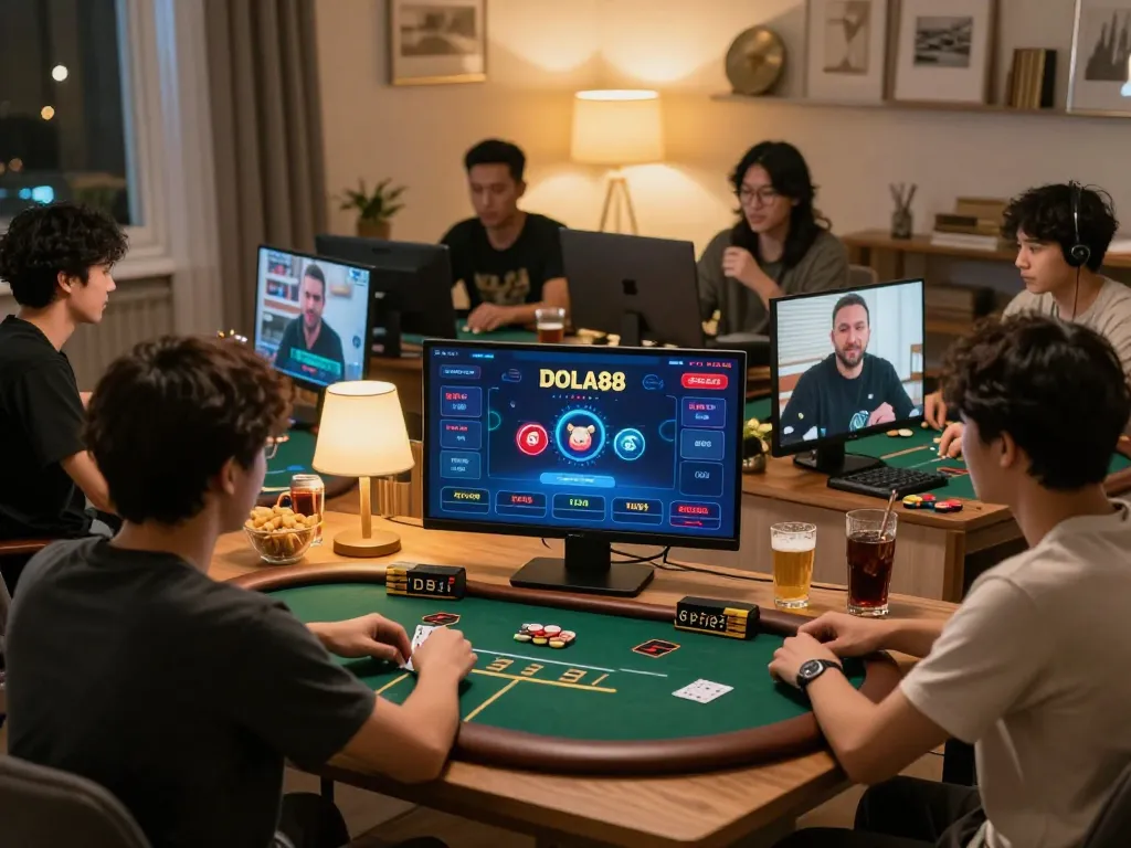 DOLA88 players enjoying an exciting online poker night from home, surrounded by screens and snacks.
