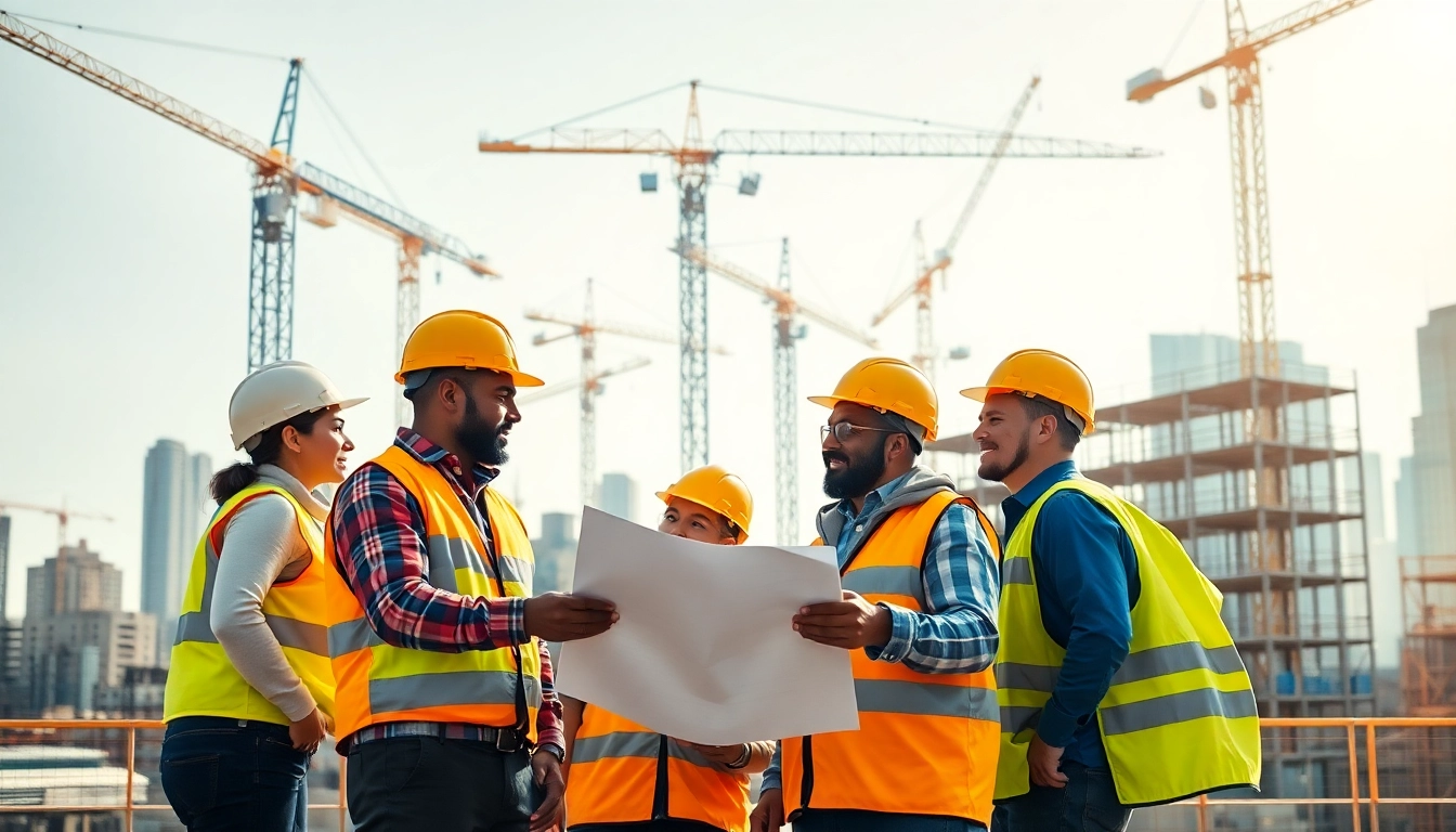 Construction association professionals collaborating on a building project with blueprints and cranes.
