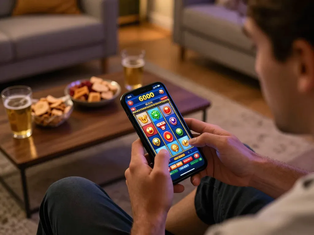 Player enjoying slot6000 online slots on smartphone in a cozy living room setting