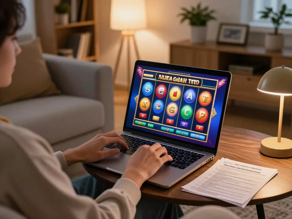 Engaging in Gajah Toto online gaming on a laptop, highlighting strategy notes and game visuals.