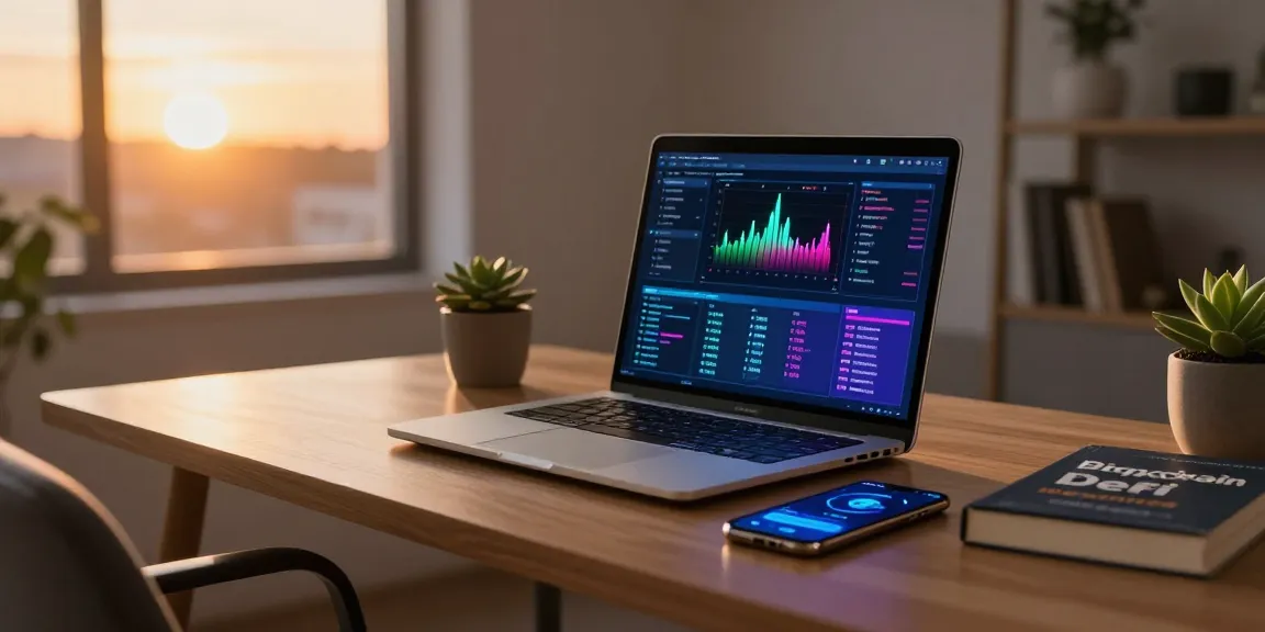 Passive bitcoin mining setup with a glowing crypto dashboard, laptop and digital wallet in a cozy workspace.
