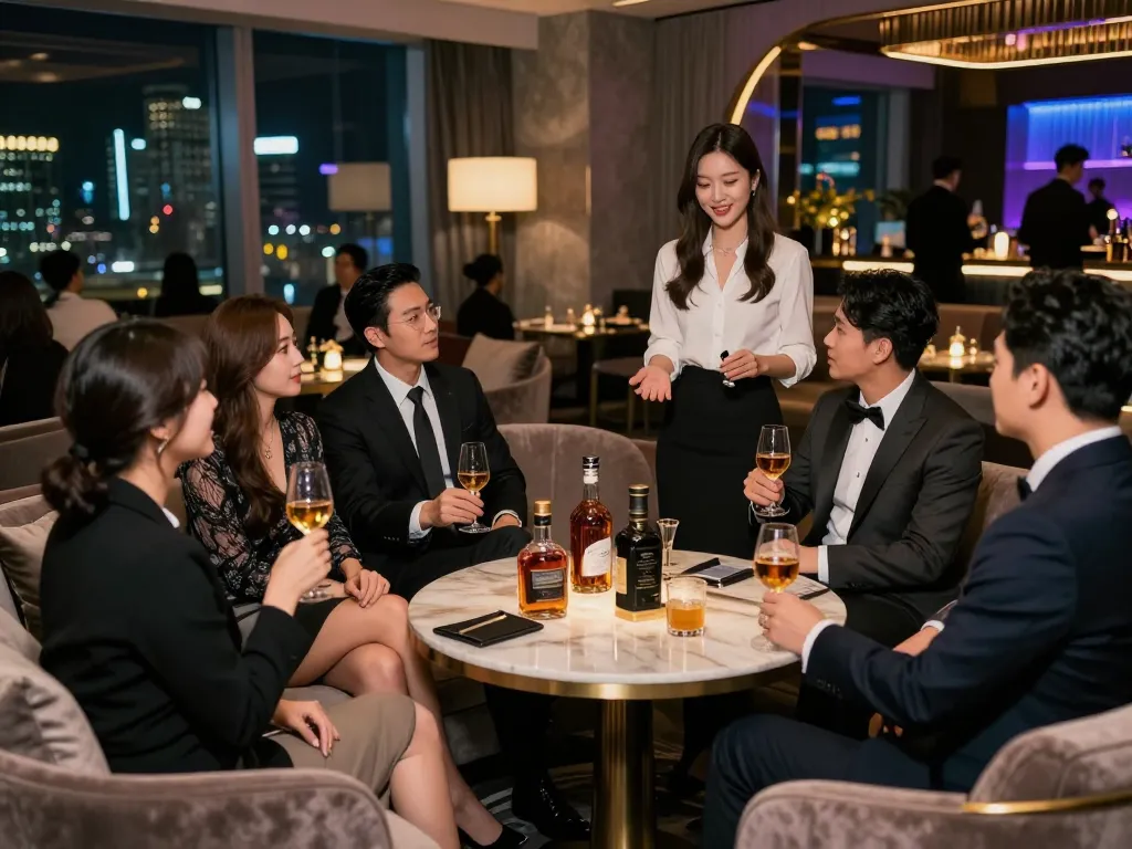 Gangnam쩜오 luxurious nightlife experience with stylish guests enjoying drinks in a vibrant private room.