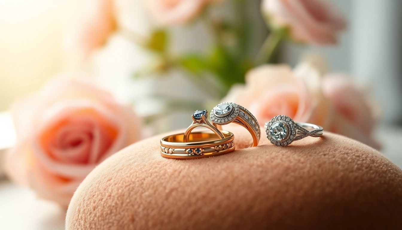 Showcase of exquisite wedding rings on a plush cushion, highlighting craftsmanship and elegance.