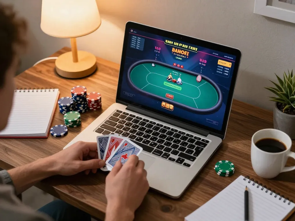 kkwin poker game setup on laptop with engaged player, warm cozy atmosphere