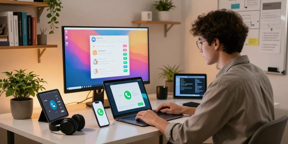 WhatsApp下載 installation on modern workspace setup with tech gadgets.