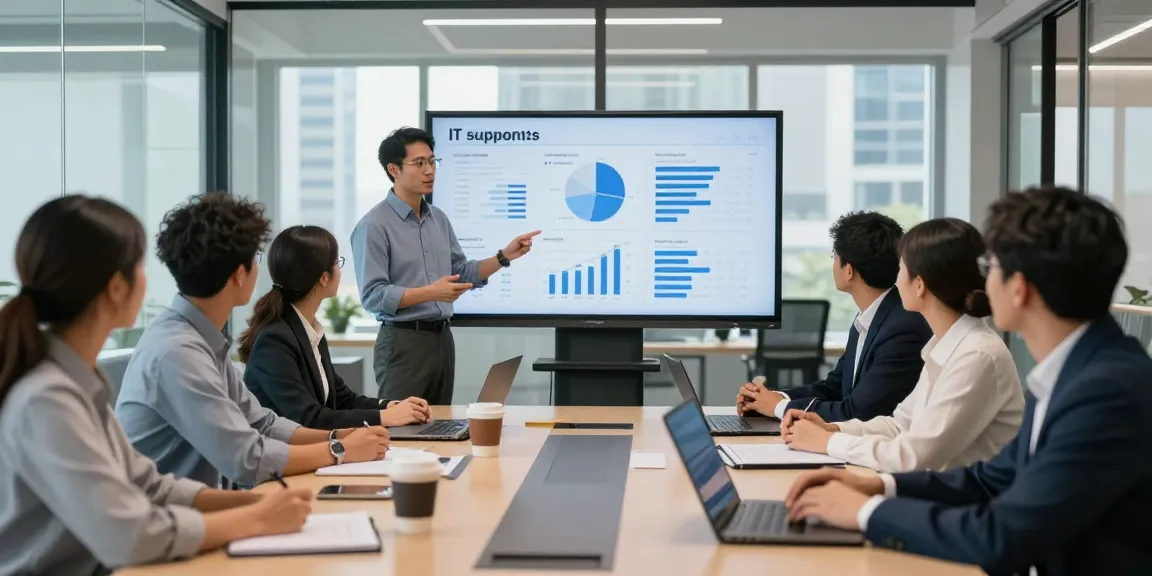 Team collaboration discussing IT support in business during a meeting with data visualizations and a modern office background.