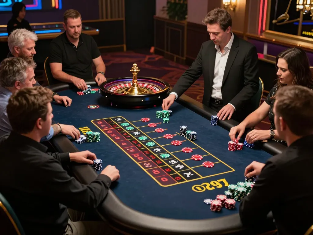 Players engaging in a thrilling roulette game at 678vip casino, showcasing vibrant chips and live dealer interaction