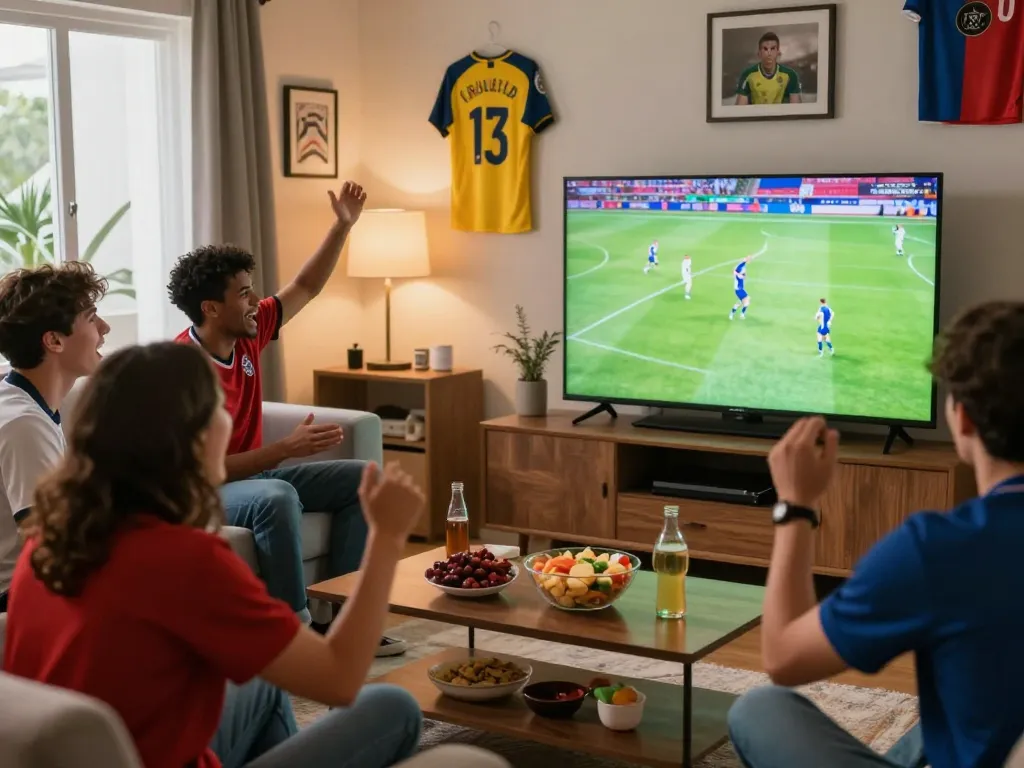 Friends watching Cakhiatv football match in vibrant living room with snacks and excitement.