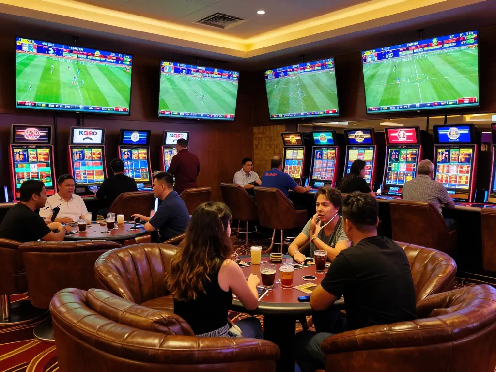 KQBD sports betting lounge with excited patrons placing bets and reviewing scores on multiple screens