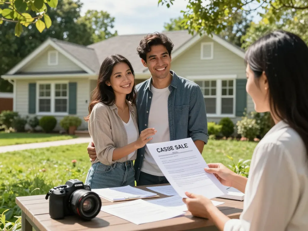 Couple exploring options for a quick house sale with a real estate agent in a friendly outdoor setting.