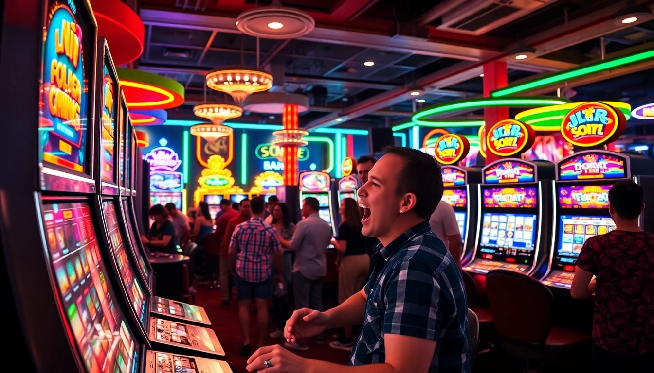 Permainan slot777 yang menggembirakan dengan mesin slot berwarna-warni dan pemain yang antusias.