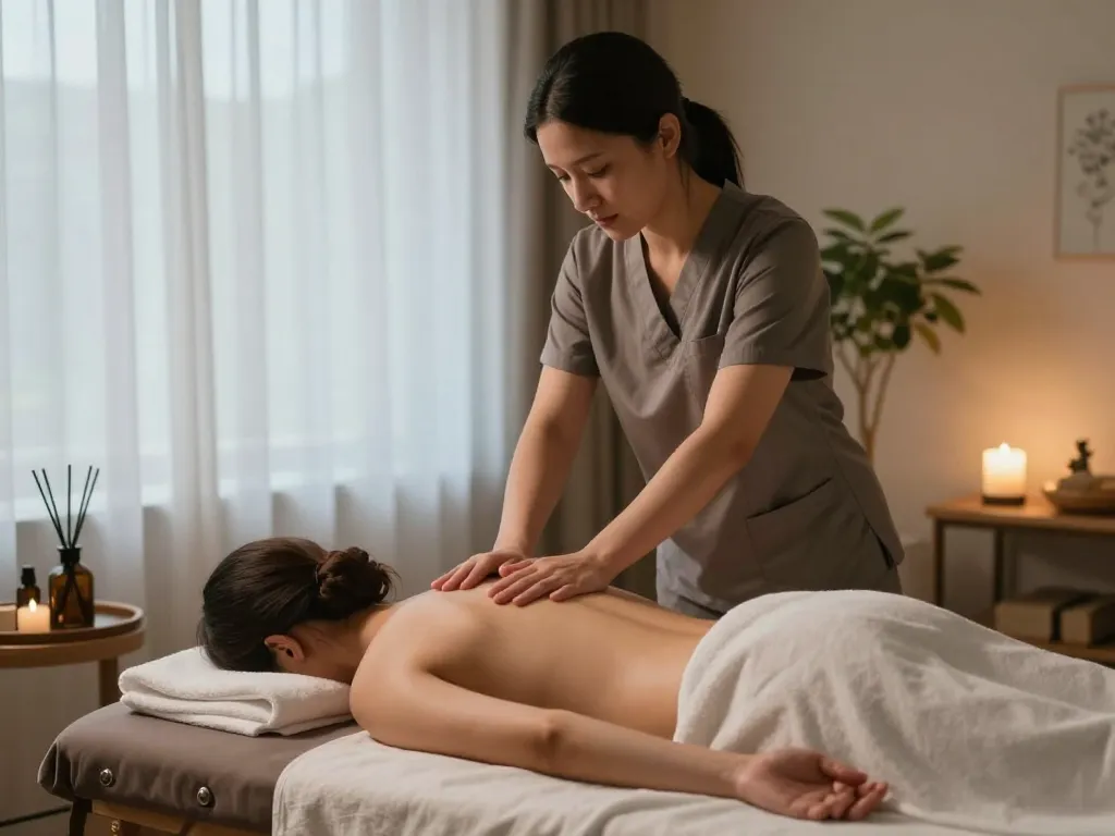 www.russiamobilemassage.com에서의 러시아 모바일 마사지의 편안한 장면, 치료 기법과 평화로운 분위기를 강조합니다.