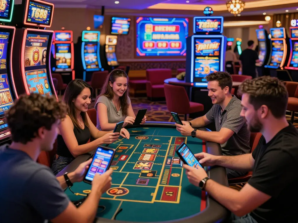 Exciting players enjoying games at TG88 casino with vibrant slot machines and a lively atmosphere.