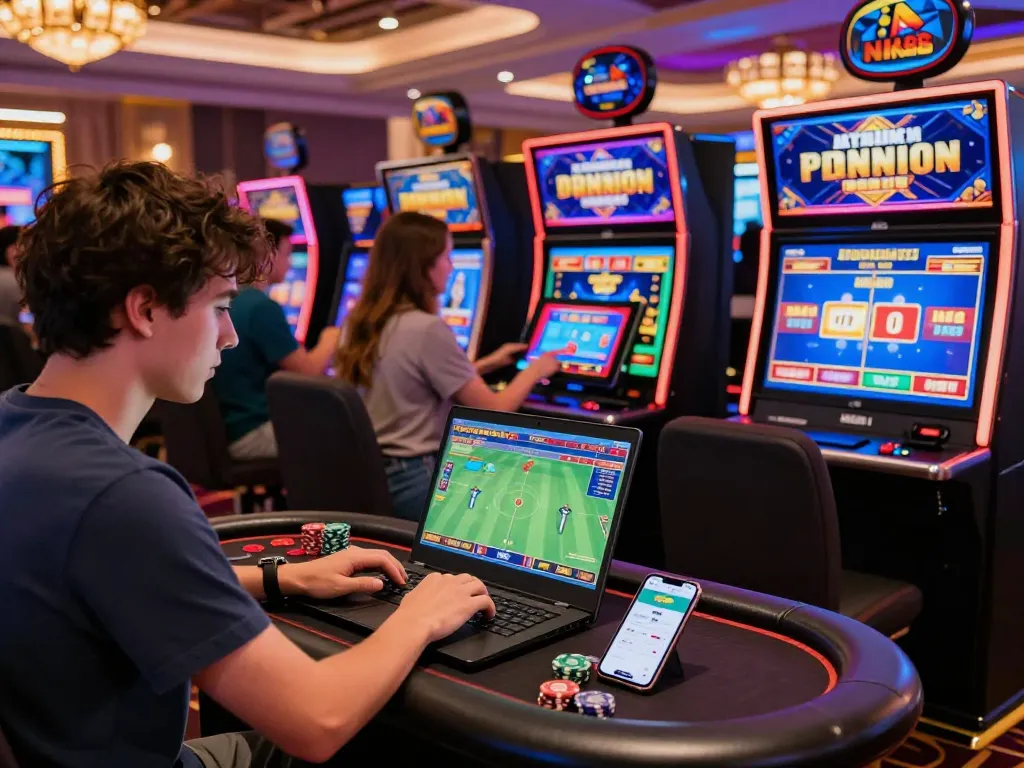Engaging NK88 win online gaming scene with diverse players enjoying casino games and sports betting.