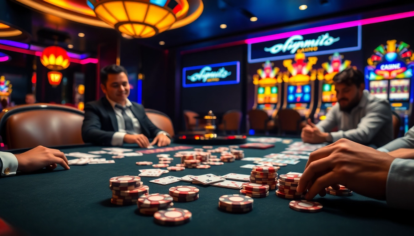 Exciting gameplay at a casino table showcasing dinamit4d, poker chips, and a roulette wheel.