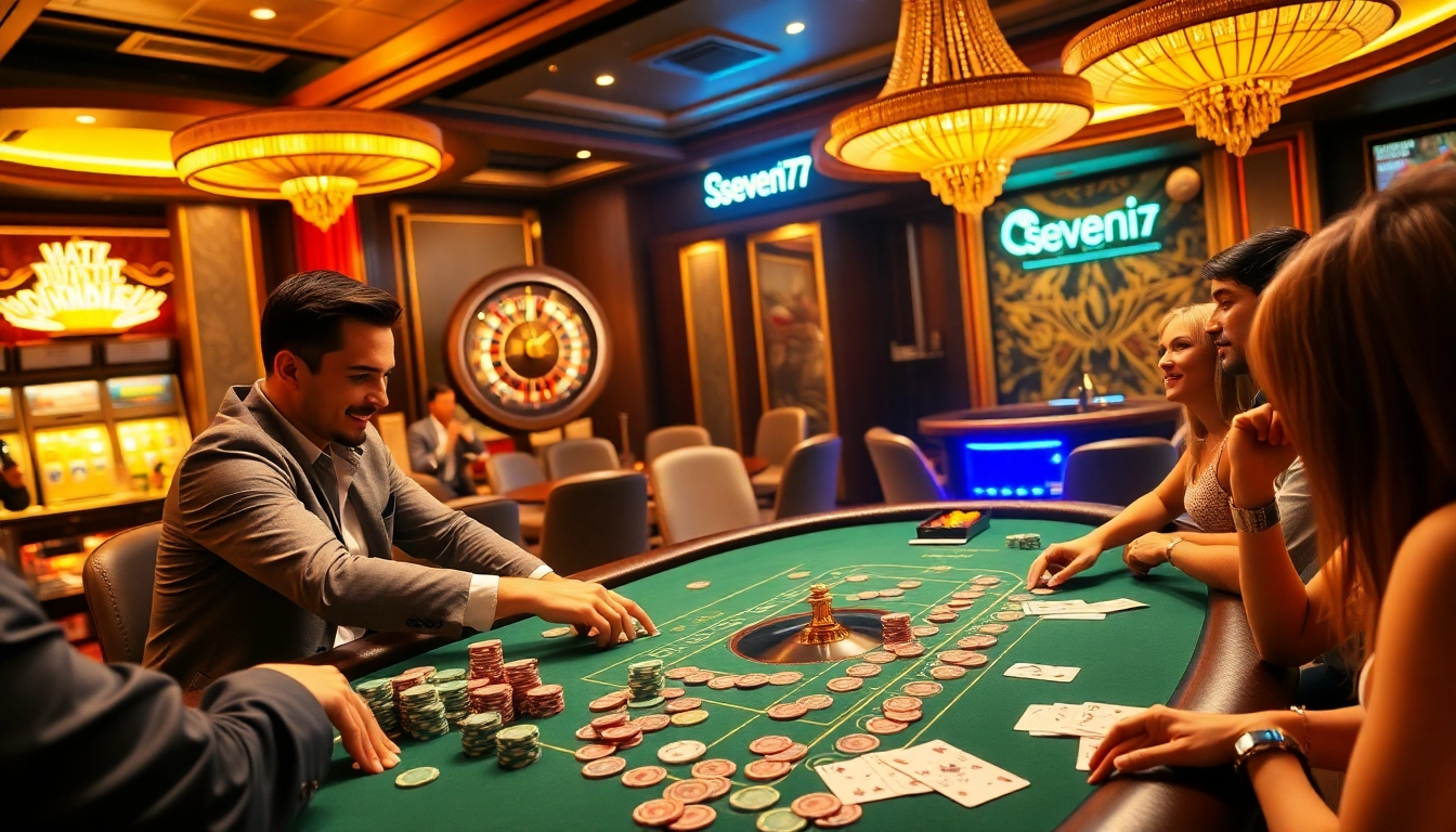 Players enjoying a thrilling poker game with vibrant seven77 chips at a luxurious casino table.