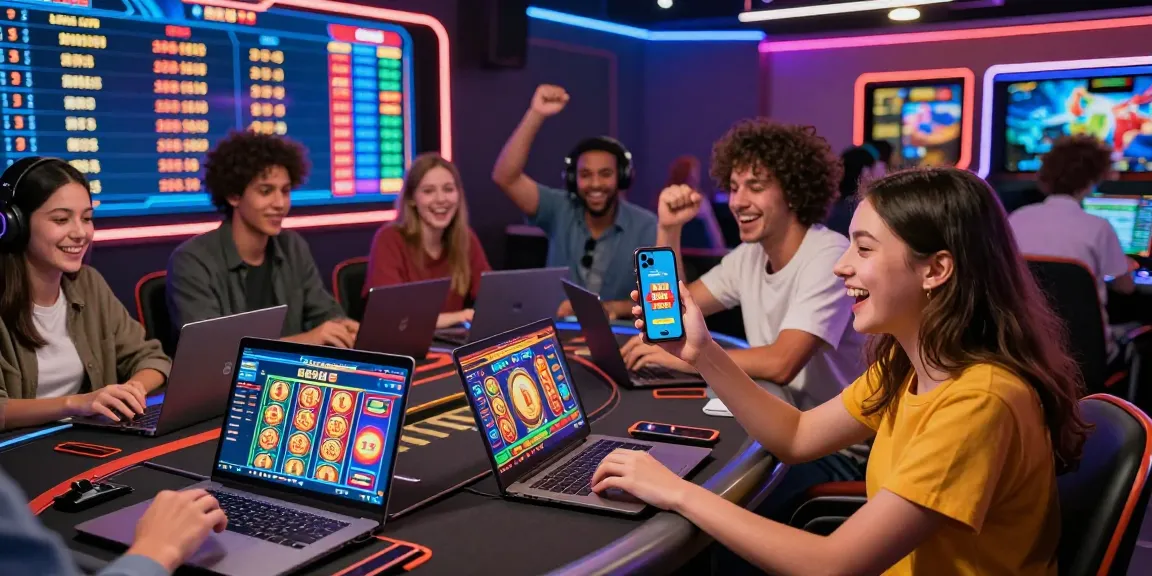 Dynamic scene of enthusiastic players enjoying a credit card casino experience, celebrating wins in an engaging online gaming environment.