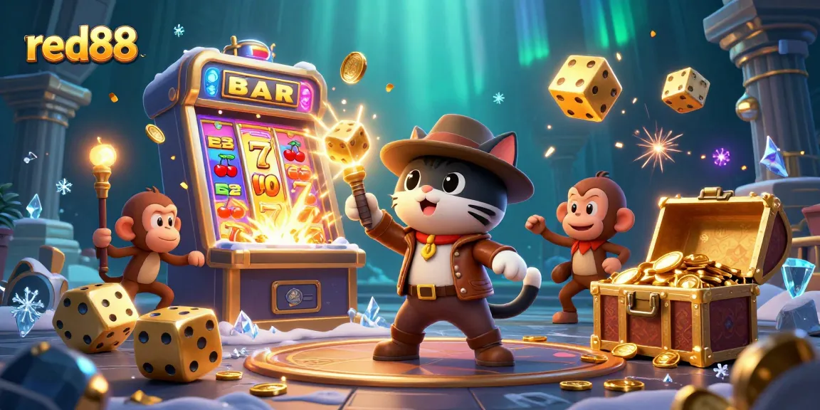 Experience the excitement of red88 with a vibrant illustration of a cat explorer in a casino temple.