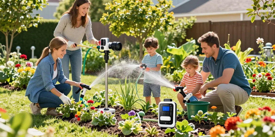 Family enjoying gardening while using rainpoint Irrigation Controllers to manage their watering system efficiently.