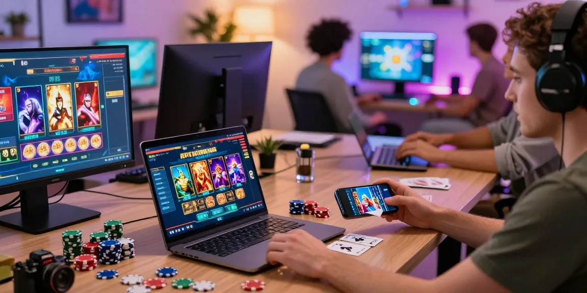 Engaging scene depicting players enjoying the best non UK casinos online with live dealer gaming, laptops, and smartphones.