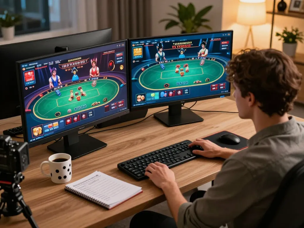 Engaging in online casino gameplay on 888now com, featuring vibrant poker and roulette graphics in a stylish home setup.