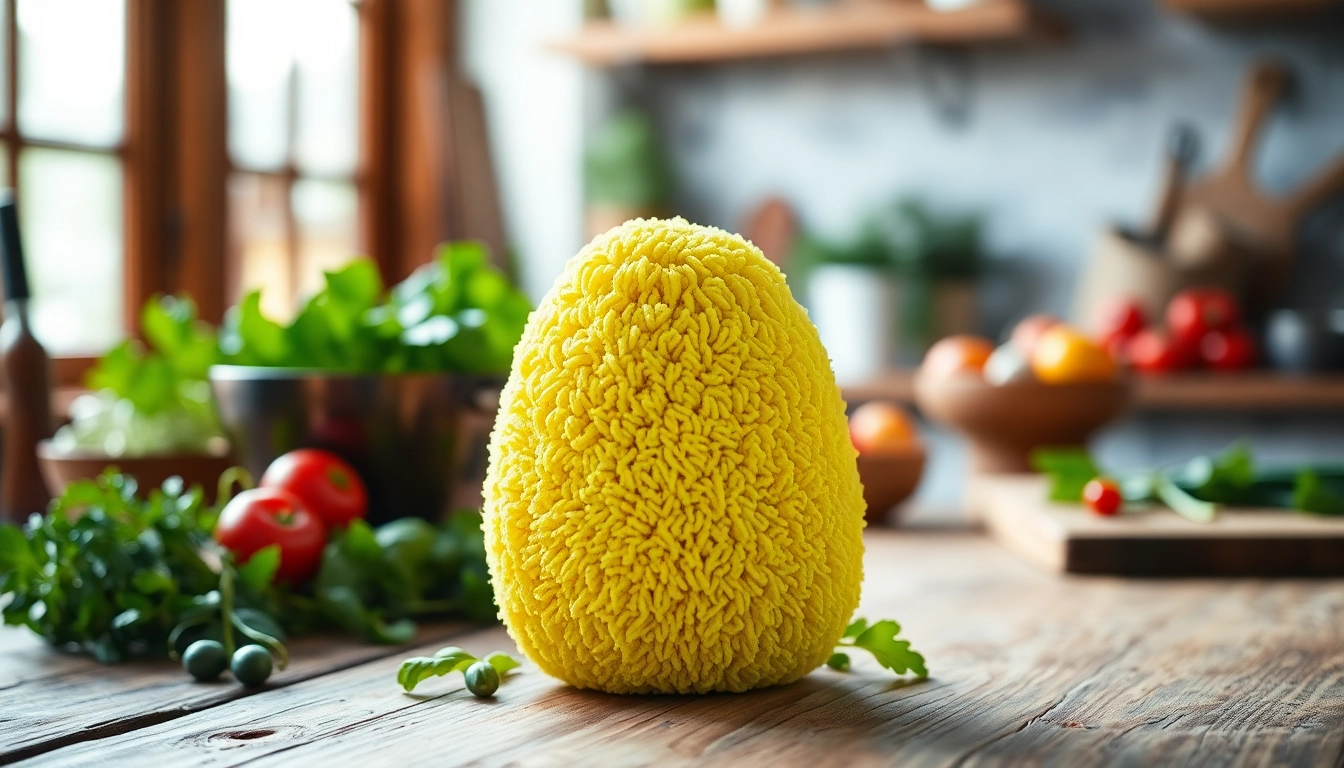 Scrub your dishes efficiently with a textured kitchen loofah surrounded by fresh herbs.