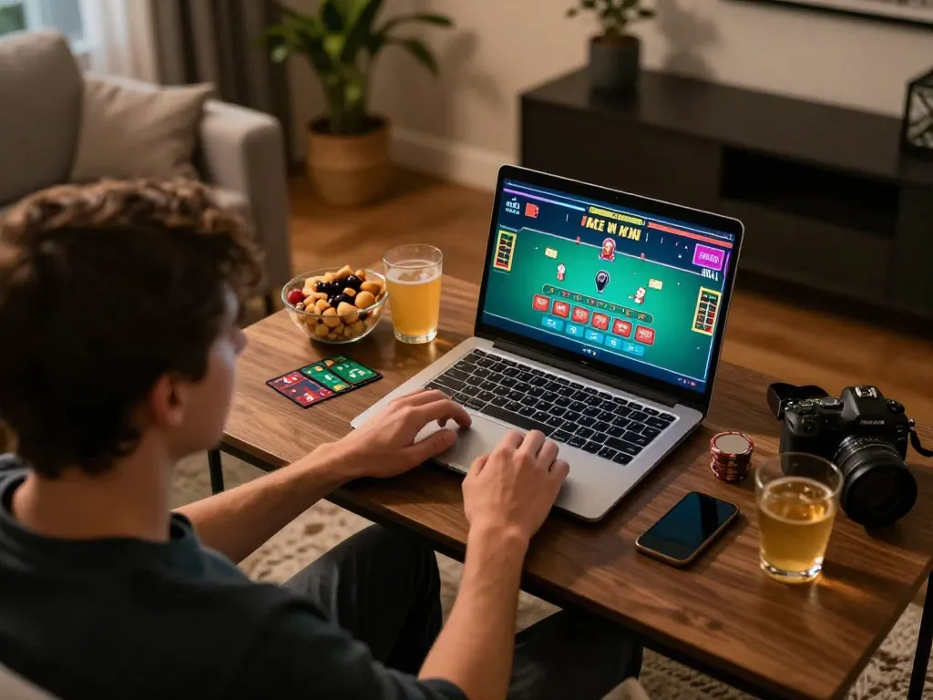 Engaged in online gambling with winstrike69 on a laptop in a cozy home setting.