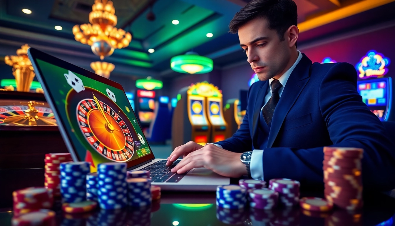 Profiter d'une expérience de jeu passionnante dans un casino en ligne avec une roue de roulette et des cartes.