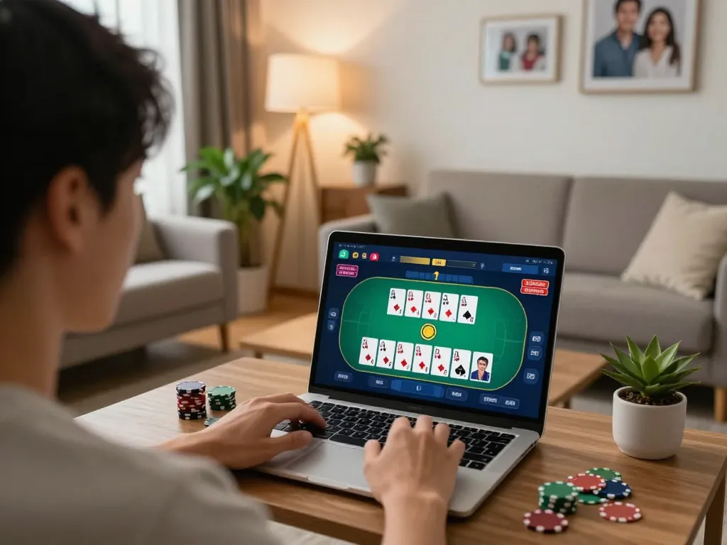 Player engaging with the Nhà cái DABET online poker game interface in a cozy home setting.