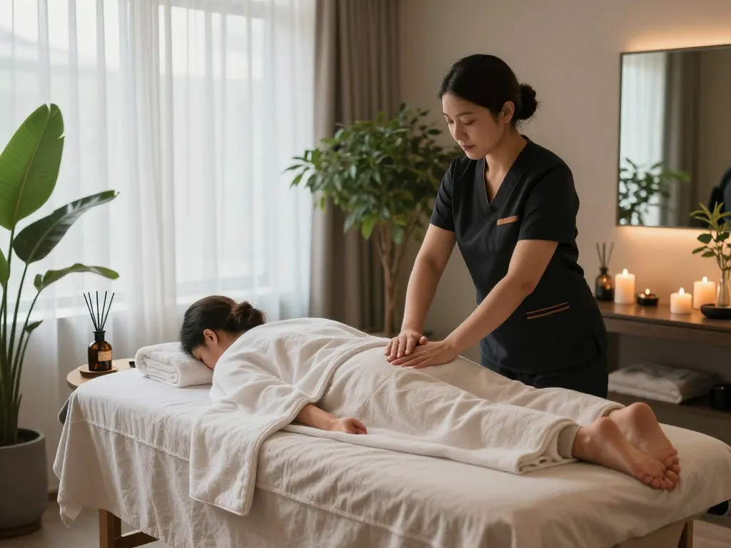 평화로운 스파룸에서 전문 치료사가 있는 편안한 강남마사지 장면.