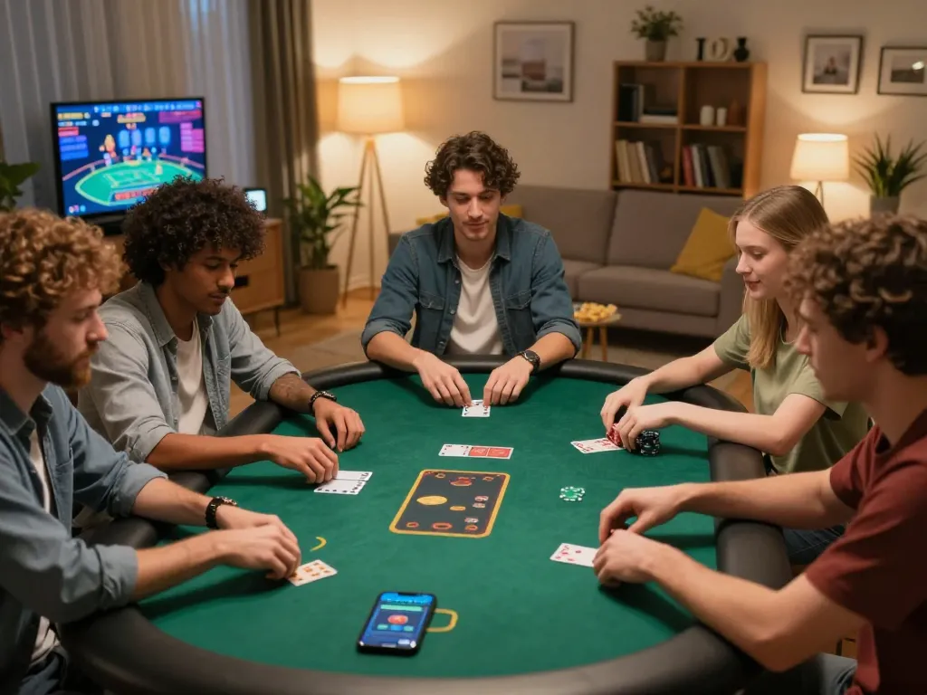 Friends enjoying poker together in cozy home setup while accessing Trang Chủ FB88 for gaming strategies.