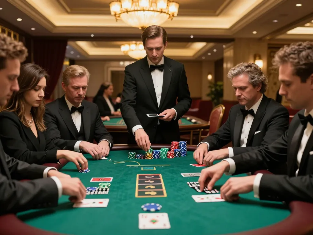 Luck8 players strategizing at a poker table in a luxurious casino setting
