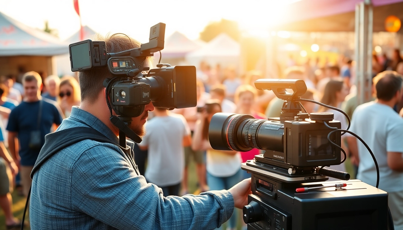 Capture of mobile production services setup outdoors with professionals and lively crowds.