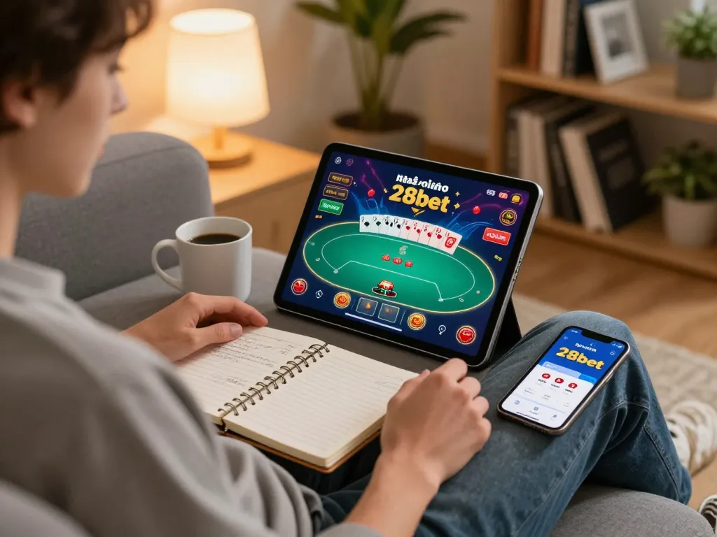 Experience online gambling with the nhà cái 28bet app, showing a player engaged in a poker game.
