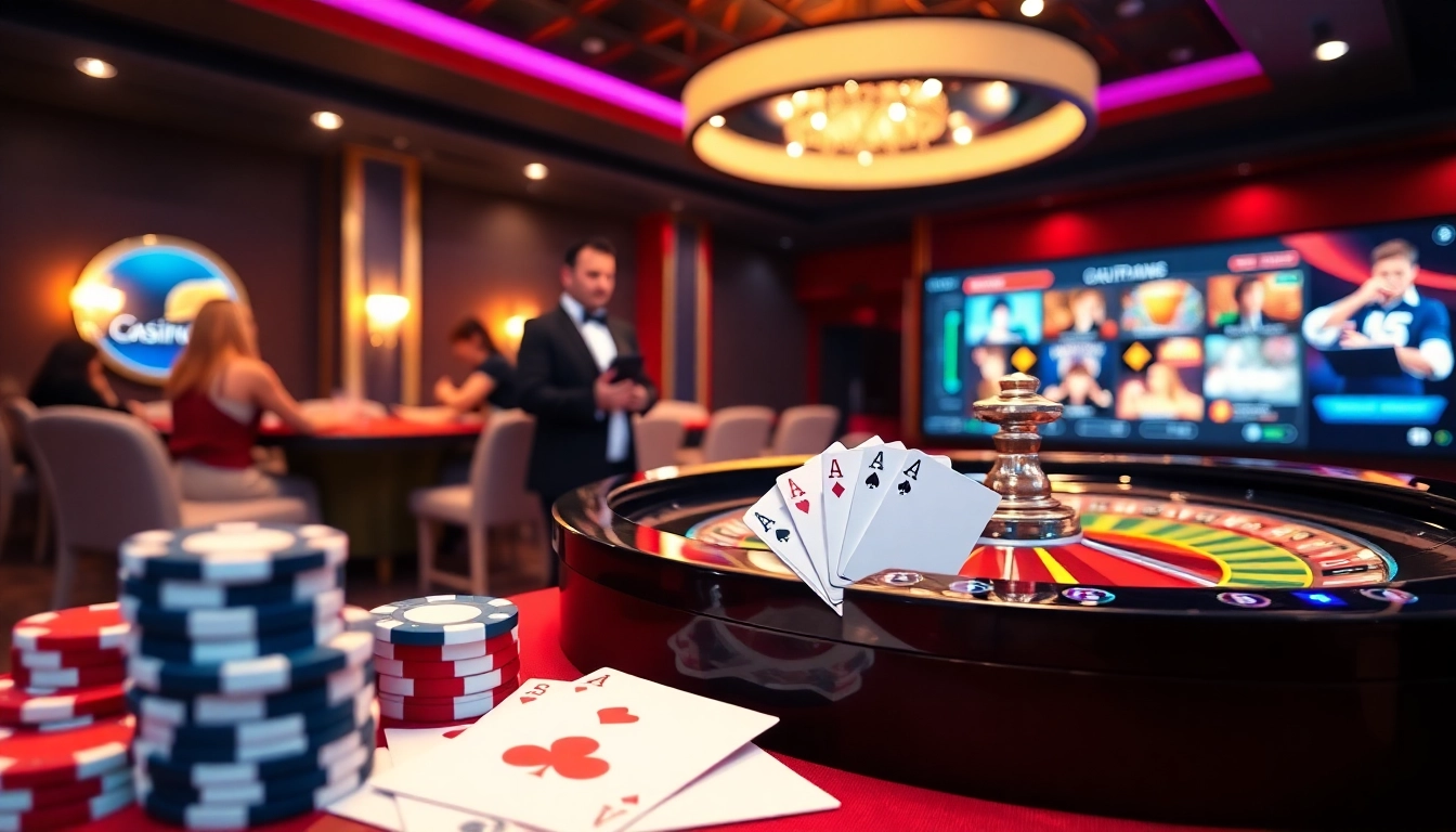 Joueurs de casino en ligne participant à un jeu de roulette passionnant avec des jetons et des cartes colorés.