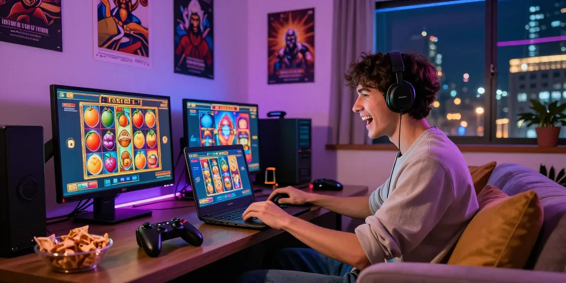 Excited gamer spinning online slot machines on a laptop surrounded by vibrant slot game graphics.