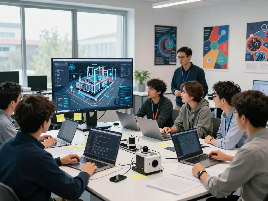 Engineers collaborating on Siemens digital automation solutions in a modern lab.