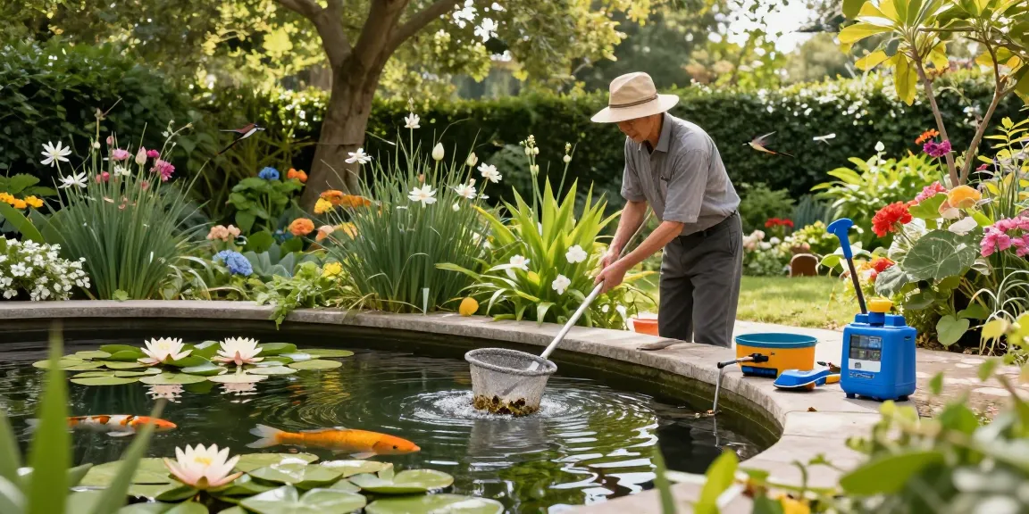Pond Cleaning London: Expert cleaning services revitalizing a koi pond surrounded by lush garden scenery.