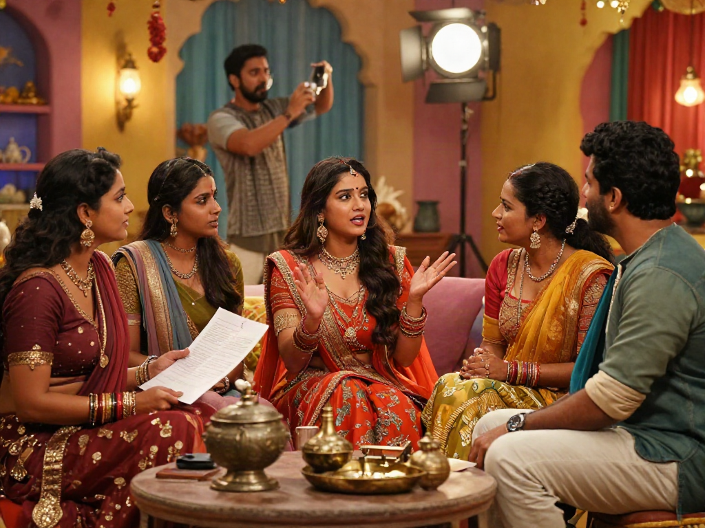 Engaging moment in an ullu web series on a film set, showcasing traditional costumes and vibrant props.