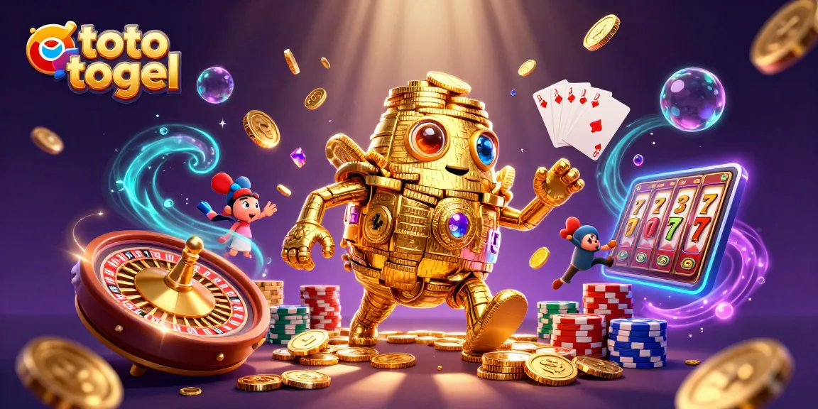 Engage in exciting toto togel gameplay with a vibrant 3D scene of a golden golem and casino fun.