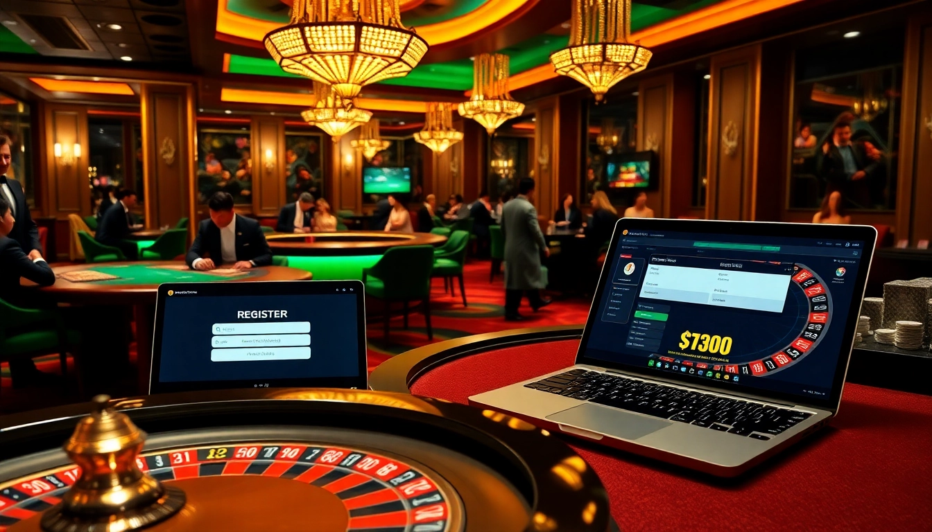 Register for top casino games and betting experiences, featuring luxurious gaming tables and dynamic visuals.