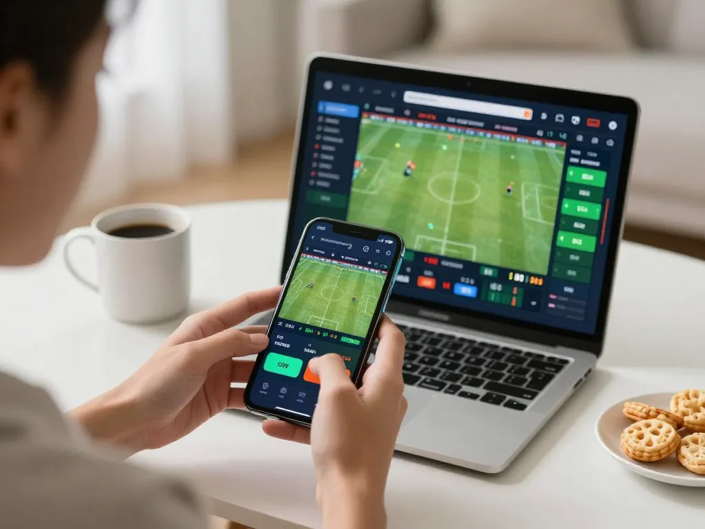 Engaging mobile gaming experience through https://tg88.golf/ showing live sports betting on smartphone in cozy home setting