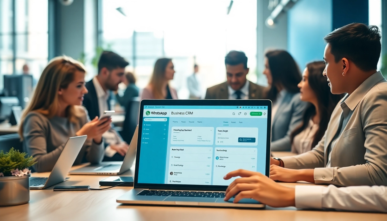 Showcasing professionals using WhatsApp Business CRM in a vibrant office setting to enhance communication.
