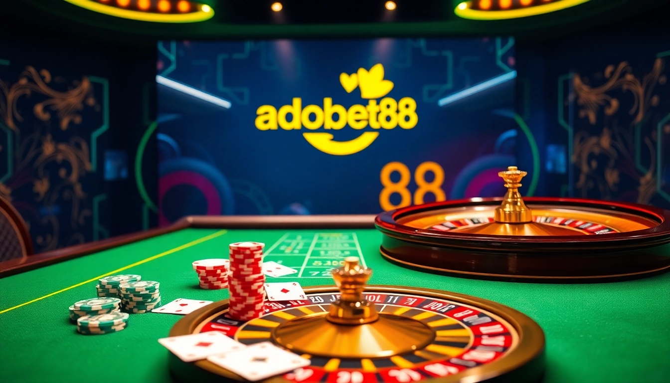 Place your bets at adobet88, showcasing poker chips and cards on a casino table.