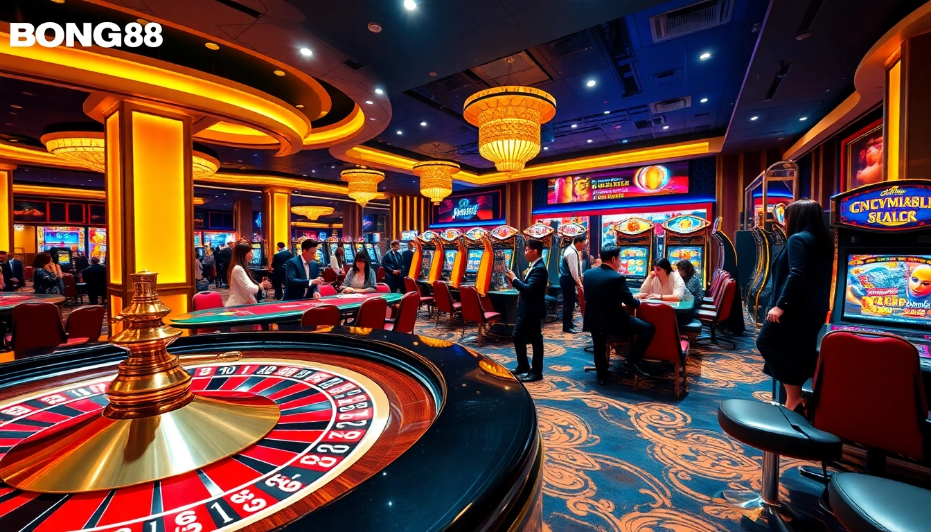 Gamblers enjoying the excitement at BONG88.casa casino, with vibrant roulette and poker tables.
