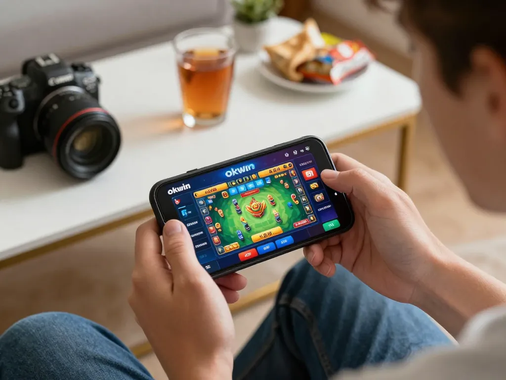 Engaged player exploring okwin's casino app on smartphone during relaxed home gaming session.