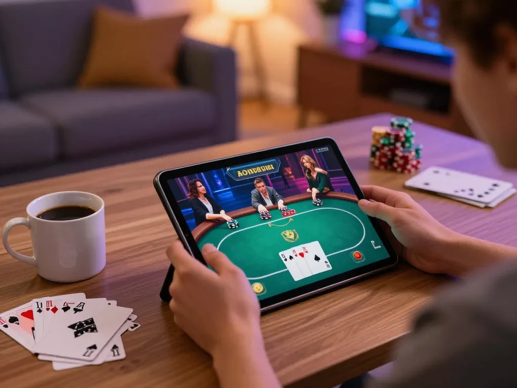 Player enjoying vsbet poker game on tablet in a cozy home environment with strategy notes.