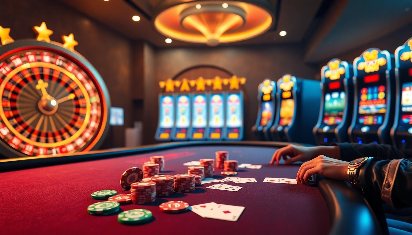 Scène engageante de casino en ligne avec un jeu de poker vibrant, de la roulette et des machines à sous.
